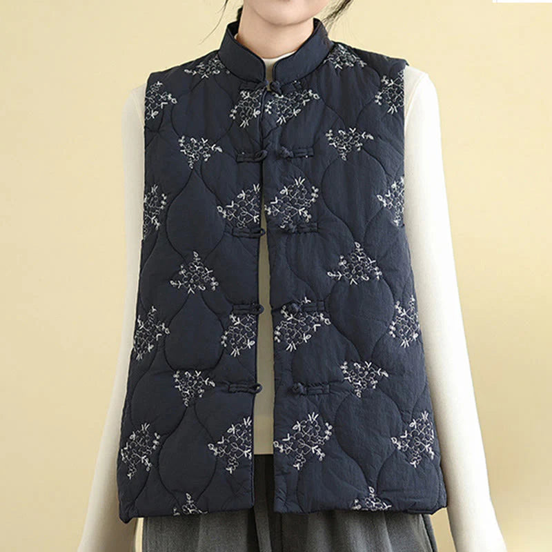 Buddha Stones Embroidered Frog-Button Women's Sleeveless Cotton Vest Waistcoat With Pockets