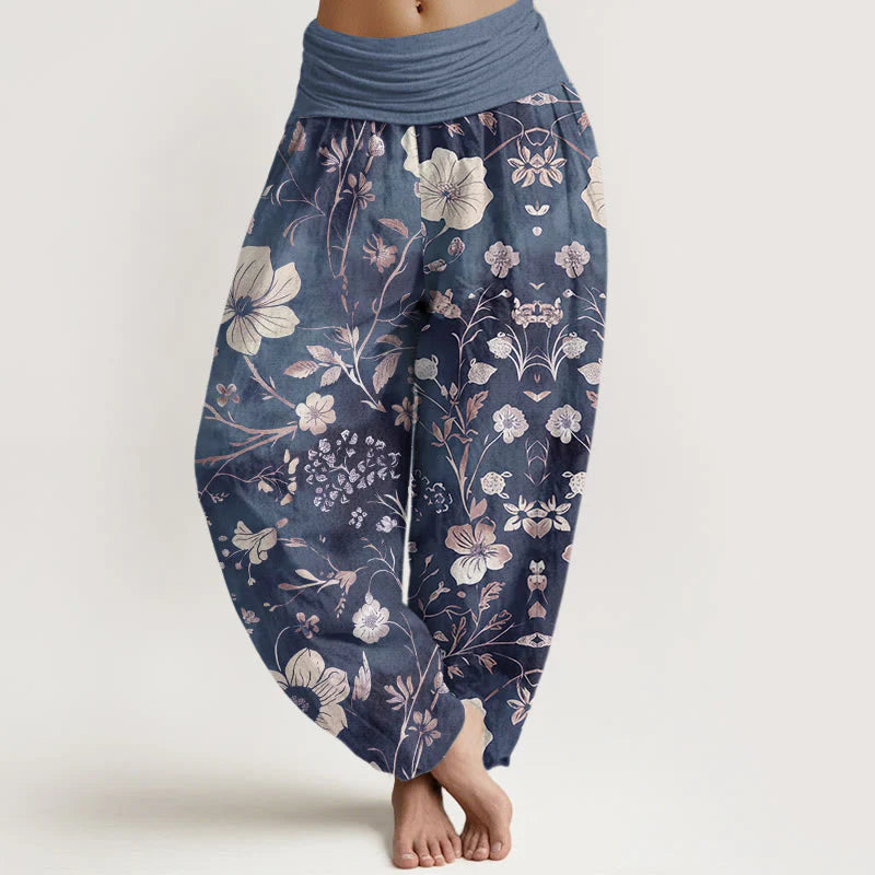 Buddha Stones Cotton White Flowers Winding Vines Pattern Design Women's Elastic Waist Harem Pants