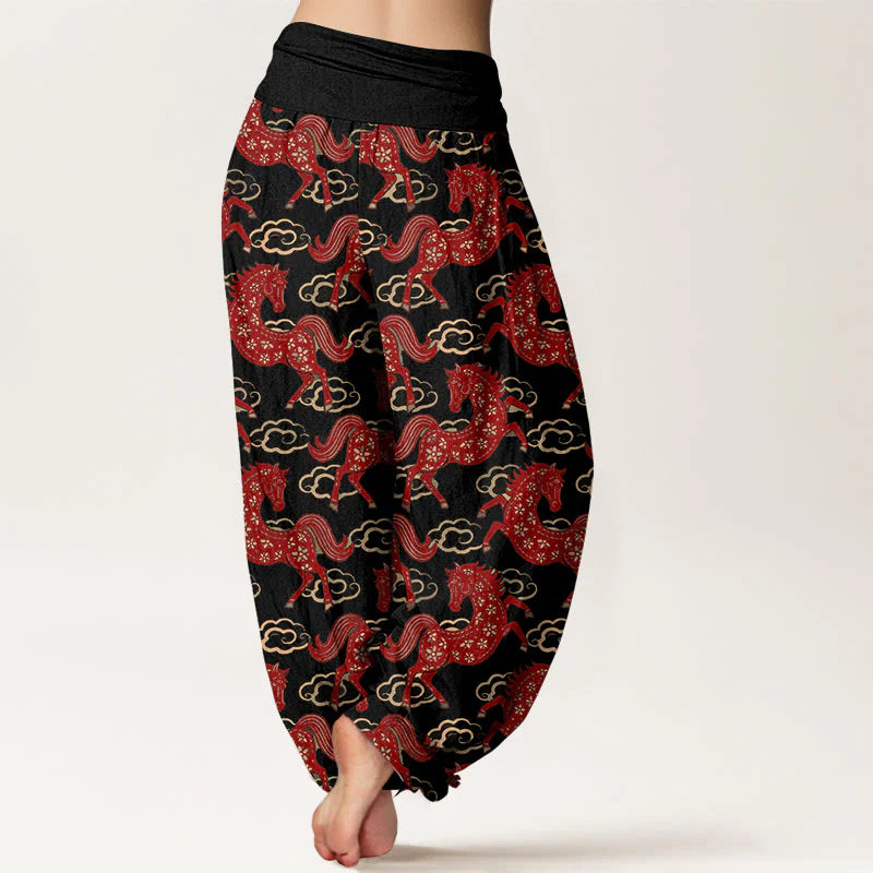 Buddha Stones Cotton Gorgeous Horse Cloud Pattern Women's Elastic Waist Harem Pants