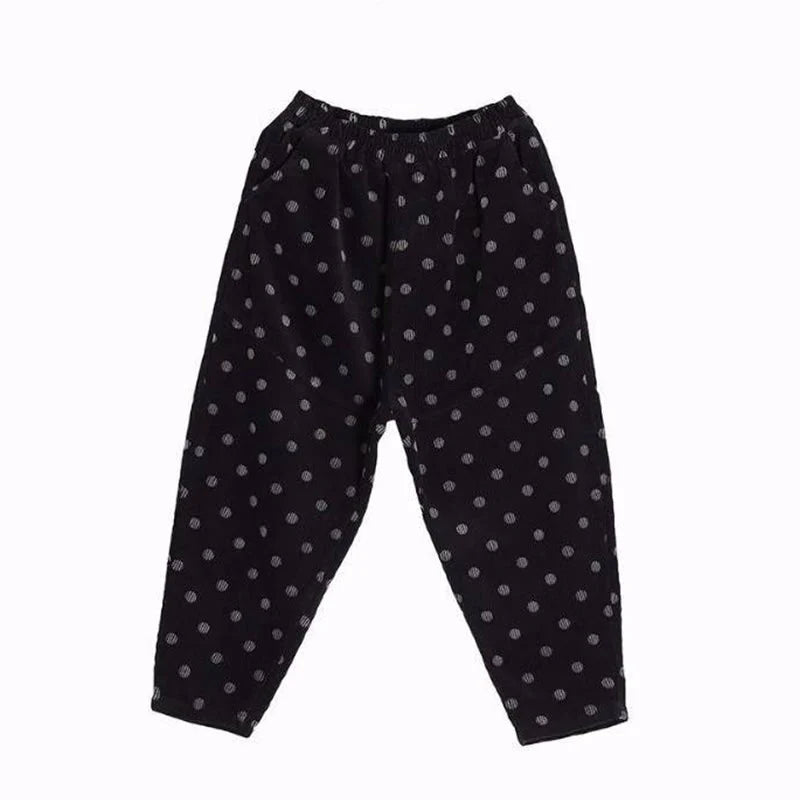 Buddha Stones Women's Fall Commute Printing Dot Pattern Corduroy Harem Pants With Pockets