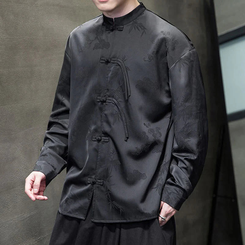 Buddha Stones Plain Frog-Button Design Tang Suit Men's Long Sleeve Jacket