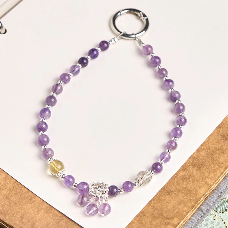 Buddha Stones Amethyst Flower Charm Spiritual Awareness Beaded Key Chain Phone Hanging Decoration