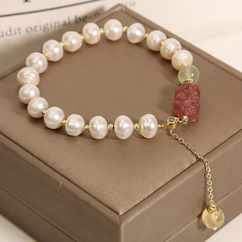 Buddha Stones Natural Pearl Strawberry Quartz PiXiu Optimism Charm Bracelet