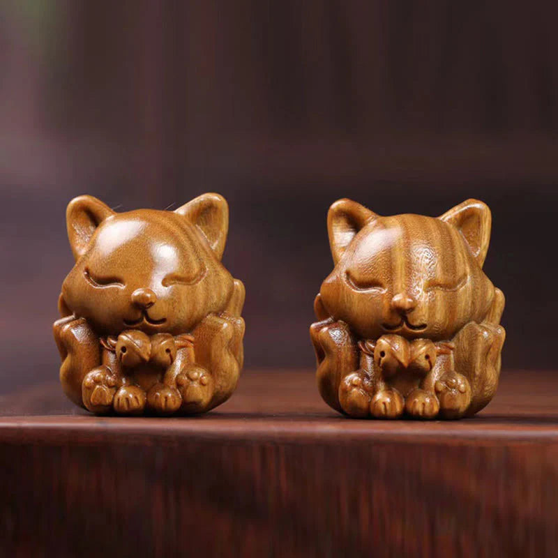 Buddha Stones Mini Nine Tailed Fox Ivory Fruit Sandalwood Green Sandalwood Blessing Decoration