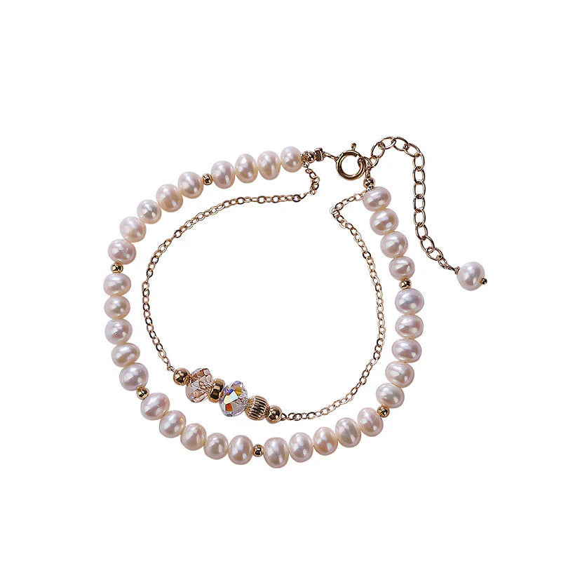 Buddha Stones 925 Sterling Silver Plated 14k Gold Natural Pearl Crystal Healing Double Layer Bracelet