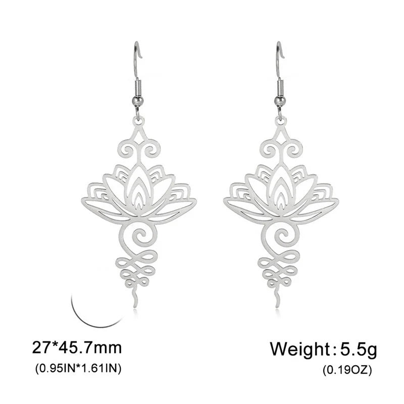 Buddha Stones Hollow Lotus Flower Stainless Steel Enlightenment Metal Drop Earrings