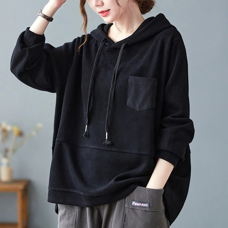 Buddha Stones Fall Solid Color Decorative Pocket Cotton Long Sleeve Women's Hoodie