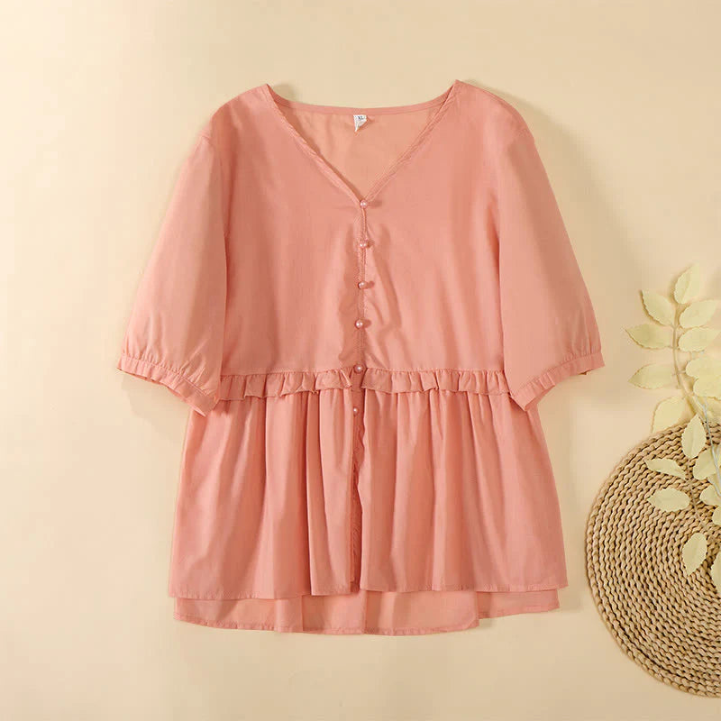 Buddha Stones Summer Solid Color V-Neck Decorative Buttons Design Women's Short Sleeve Shirt