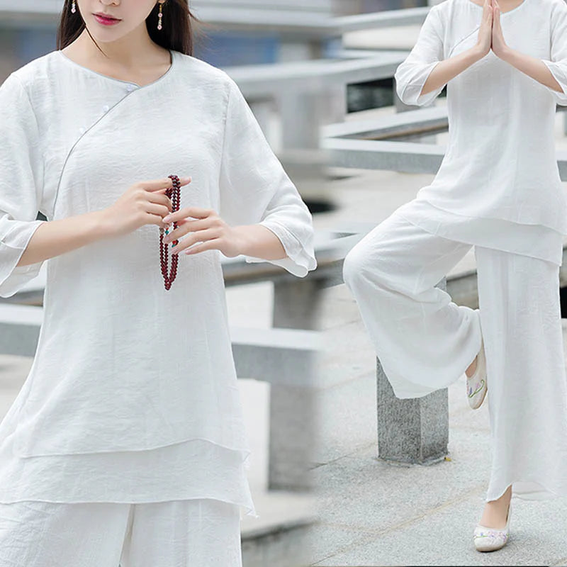Buddha Stones 2Pcs Simple Design White Top Pants Meditation Yoga Zen Tai Chi Clothing Women's Set