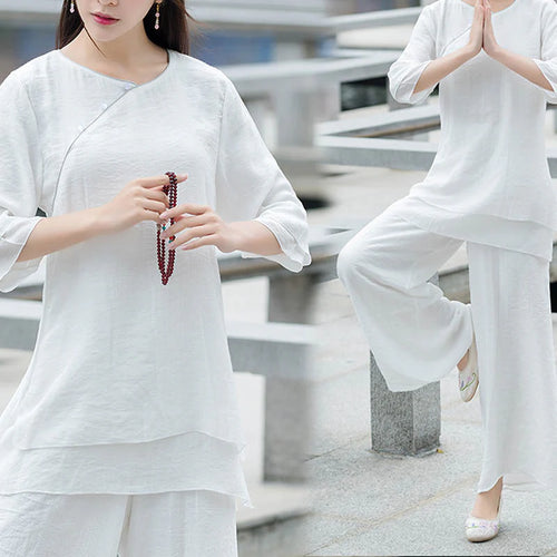 Buddha Stones 2Pcs Simple Design White Top Pants Meditation Yoga Zen Tai Chi Clothing Women's Set