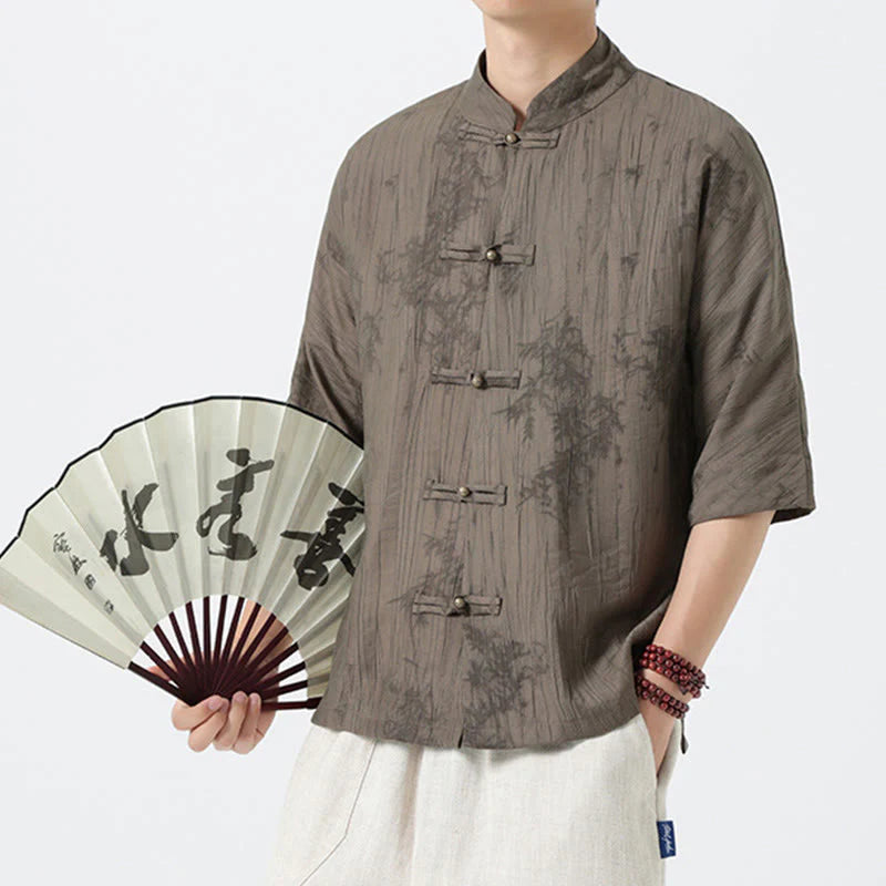 Buddha Stones Summer Pine Needles Pattern Short Sleeve Frog-Button Design Men's Shirt