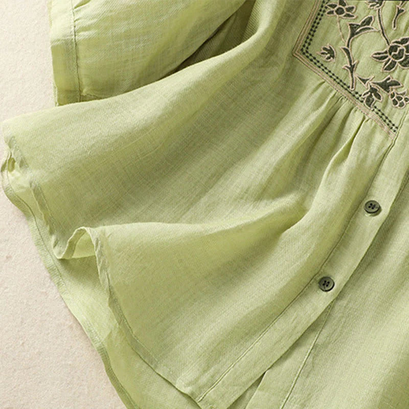 Buddha Stones Embroidery Single Breasted Women's Cotton Linen Three Quarter Sleeve Shirt