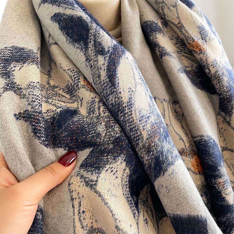Buddha Stones Winter White Magnolia Flowers Little Bird Pattern Warm Cozy Scarf Shawl
