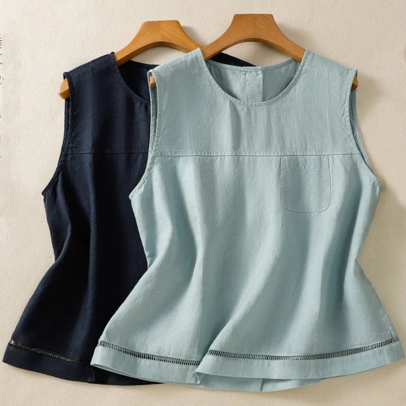Buddha Stones Simple Crew Neck Button Design Women's Cotton Sleeveless Vest