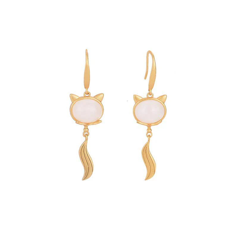 Buddha Stones FengShui White Jade Fox Fortune Earrings