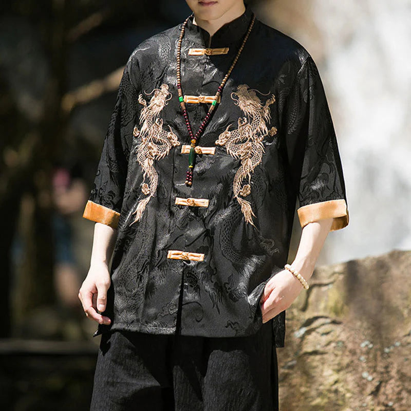 Buddha Stones Embroidered Dragon Pattern Colorblock Design Tang Suit Men's Frog-Button Half Sleeve Shirt