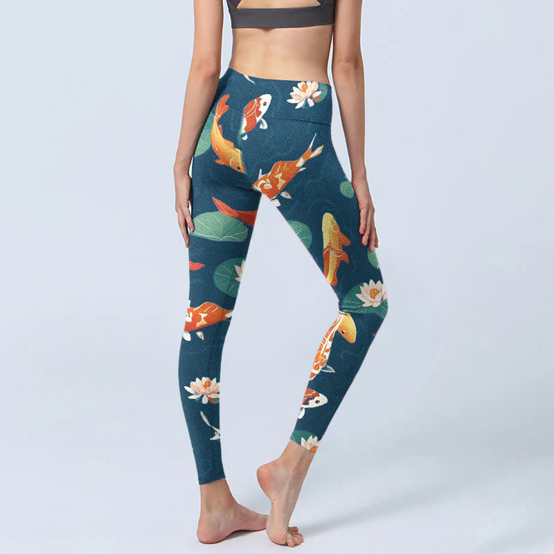 Buddha Stones Koi Fish Lotus Flower Lotus Leaves Pattern Print Gym Leggings Women's Yoga Pants