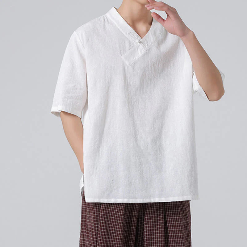 Buddha Stones Ethnic Distressed Jacquard Frog-Button Men's Stand Collar Half Sleeve Cotton Linen Shirt Tai Chi Clothes