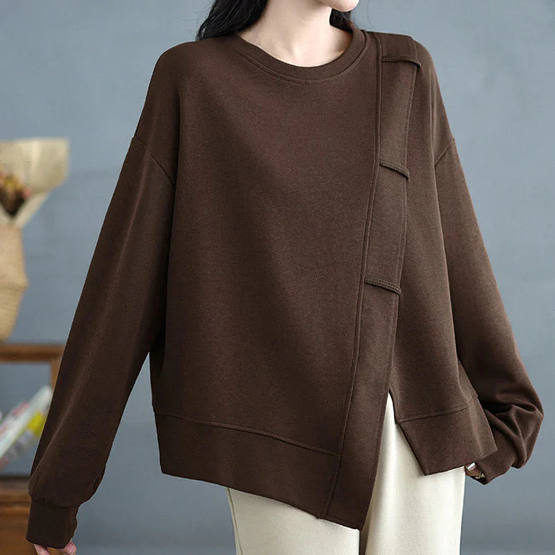 Buddha Stones Fall Solid Color Asymmetrical Design Crew Neck Long Sleeve Women's Cotton Sweatshirt