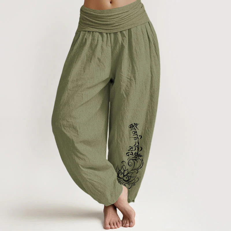 Buddha Stones Pure Cotton Simple Om Mani Padme Hum Lotus Pattern Women's Elastic Waist Harem Pants