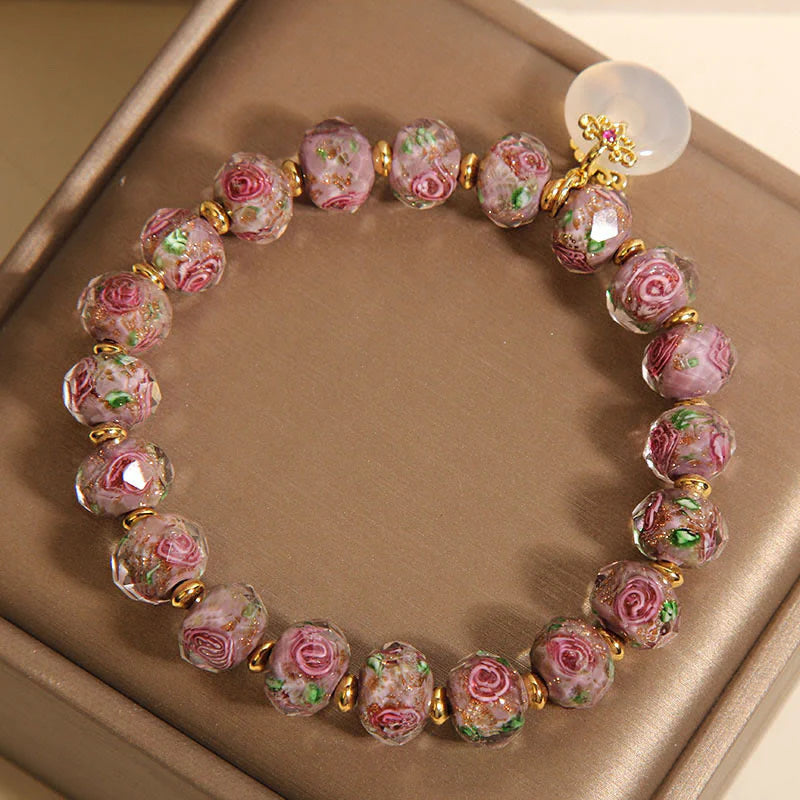 Buddha Stones Rose Liuli Glass Bead Peace Buckle Peace Bracelet