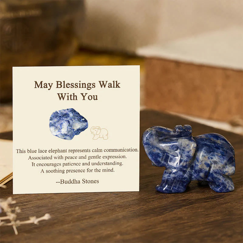 Buddha Stones ''May Blessings Walk With You'' Natural Small Elephant Amazonite Amethyst Jade Black Obsidian Stone Decoration Includes Gift Message Card