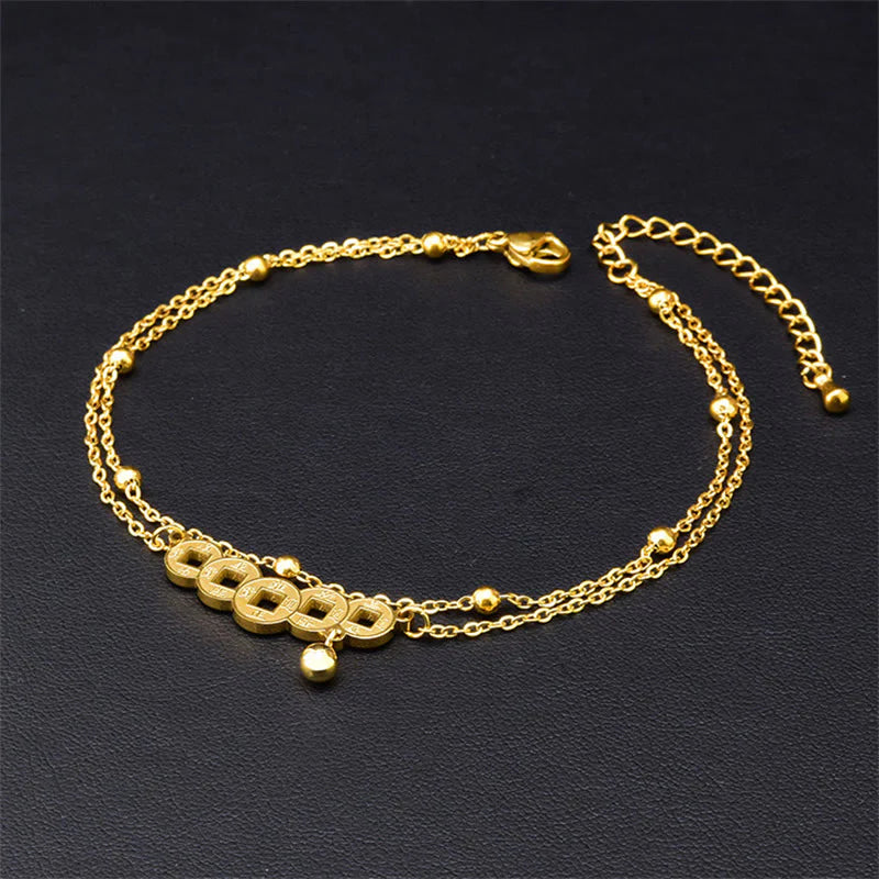 Buddha Stones Copper Coins Attract Wealth Titanium Steel Anklet