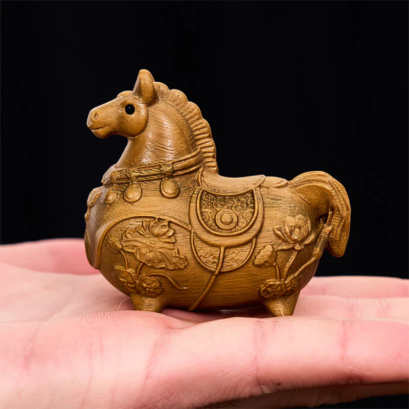 Buddha Stones Mini Year of the Horse Lotus Ebony Linden Wood Green Sandalwood Decoration 5.5*5*3.2cm