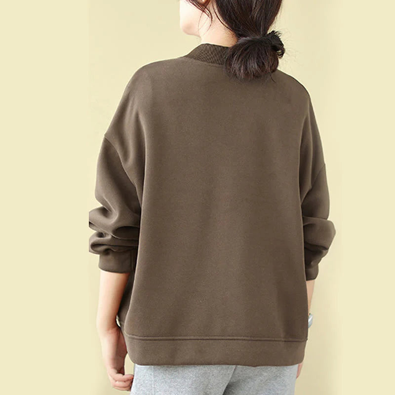 Buddha Stones Plain Women's Buttons Crew Neck Long Sleeve Cotton Jacket With Pockets