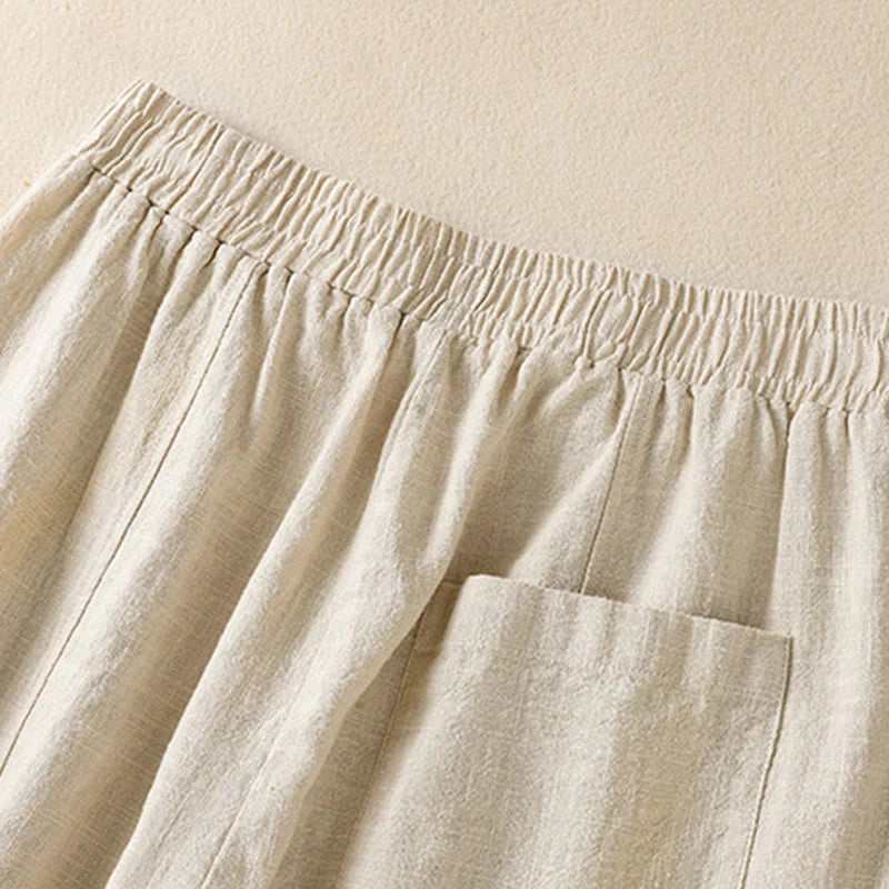 Buddha Stones Plain Simple Design High Waist Women's Cotton Linen Harem Pants With Pockets