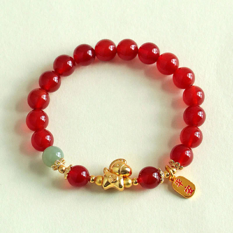 Buddha Stones Year Of The Horse Hetian Jade Black Obsidian Red Agate Strength Bracelet
