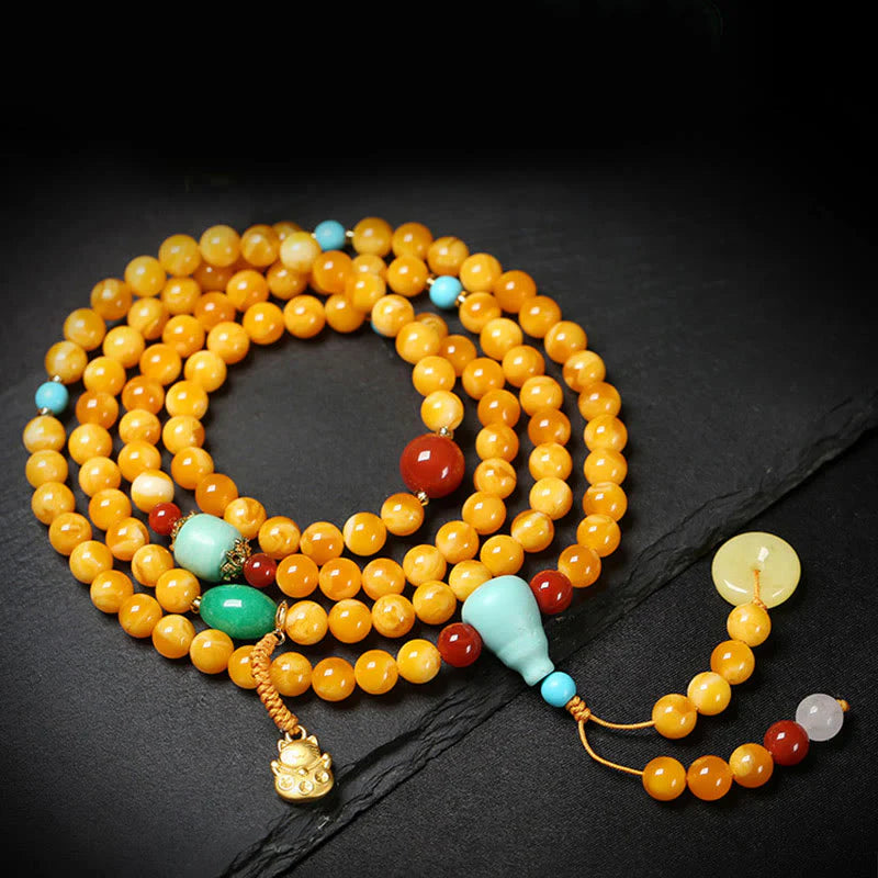 Buddha Stones 108 Beads Peace Buckle Lucky Cat Amber Auspicious Fortune Mala