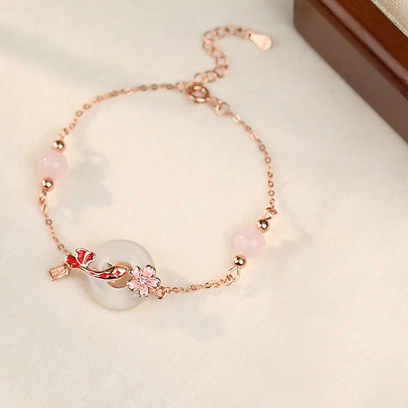 Buddha Stones Chalcedony Pink Crystal 925 Sterling Silver Flowers Koi Fish Peace Buckle Positive Bracelet