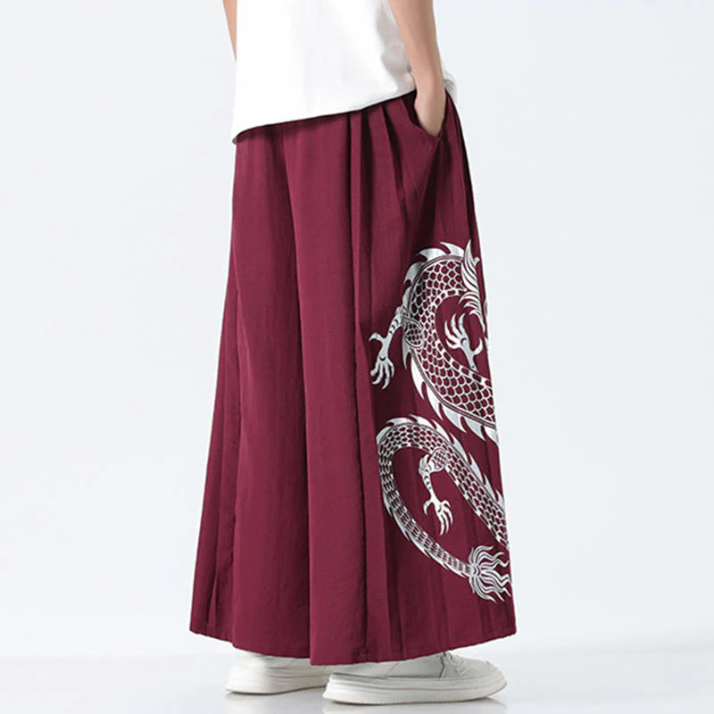 Buddha Stones Summer Dragon Drawstring Design Cotton Ankle-Length Men's Wide Leg Pants With Pockets