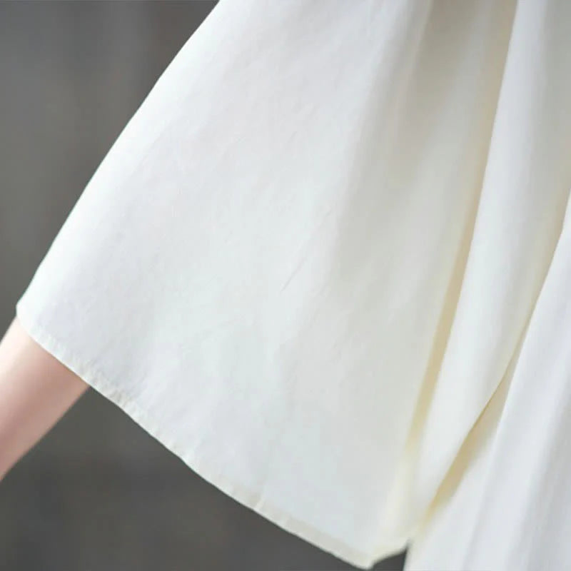 Buddha Stones Embroidery Notched Ruffled Hem Midi Dress With Pockets