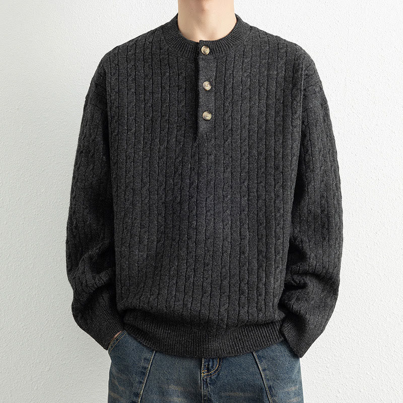 Buddha Stones Winter Crew Neck Three Buttons Twisted Design Warm Men's Long Sleeve Knitted Sweater