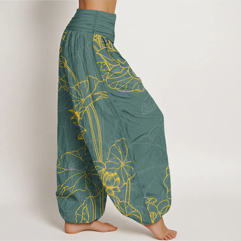 Buddha Stones Pure Cotton Concise Lotus Flower Leaf Pod Bud Pattern Women's Elastic Waist Harem Pants