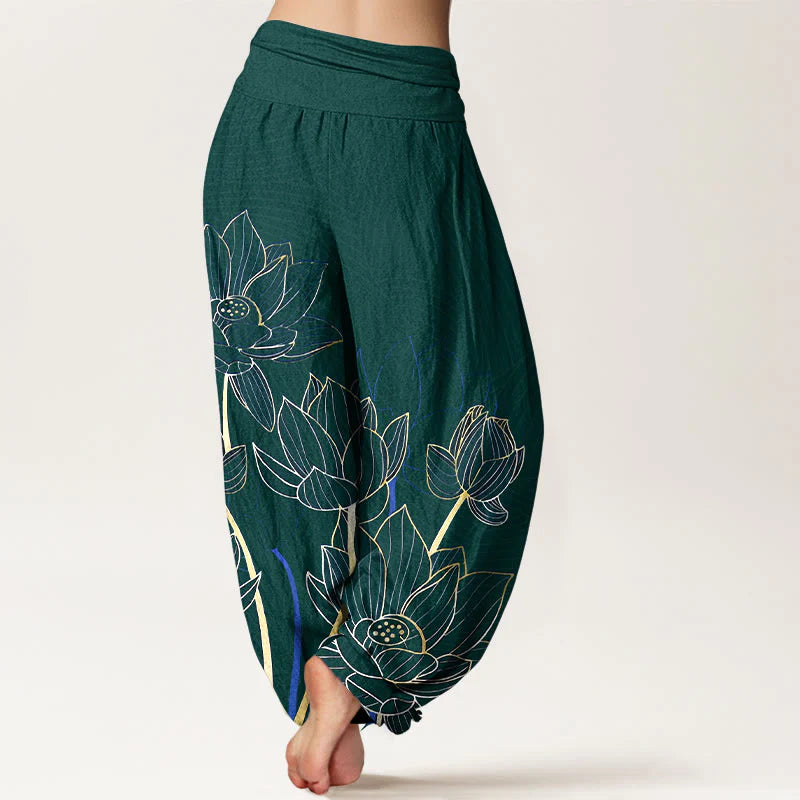 Buddha Stones Pure Cotton Minimalist Style Lotus Flower Pod Pattern Women's Elastic Waist Harem Pants