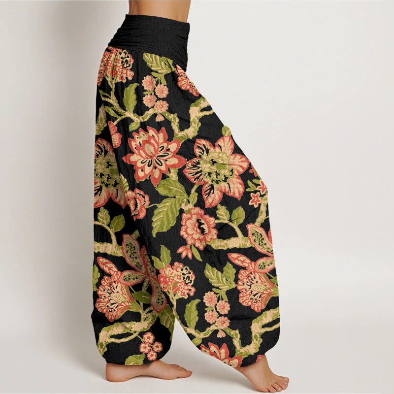 Buddha Stones Pure Cotton Bold Colors Flowers Leaves Branches Bird Pattern Women's Elastic Waist Harem Pants