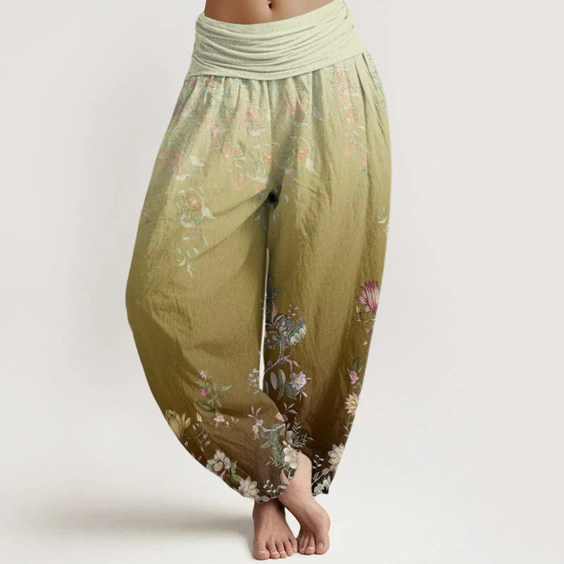Buddha Stones Cotton Casual Gradient Delicate Floral Leaf Pattern Women's Elastic Waist Harem Pants