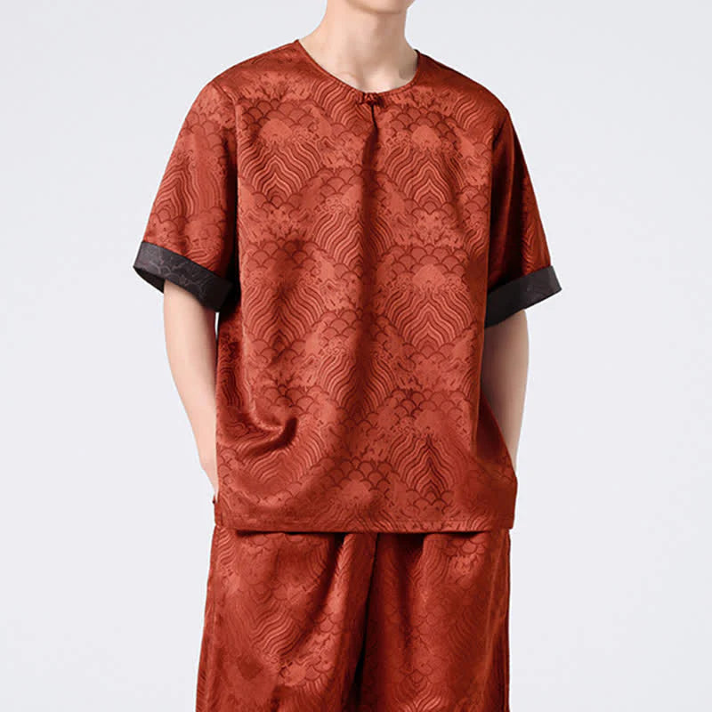 Buddha Stones Summer Retro Crackle Auspicious Cloud Pattern Short Sleeve Men's T-shirt