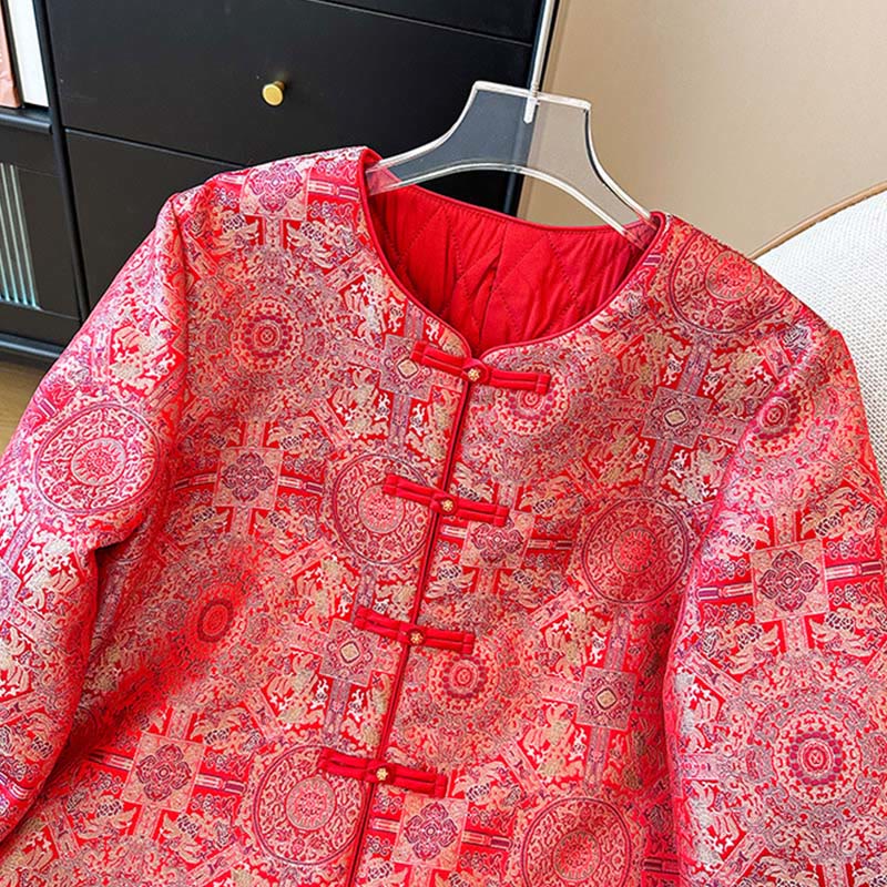 Buddha Stones Women's Jacquard Symmetric Floral Pattern Long Sleeve Jacket With Pockets