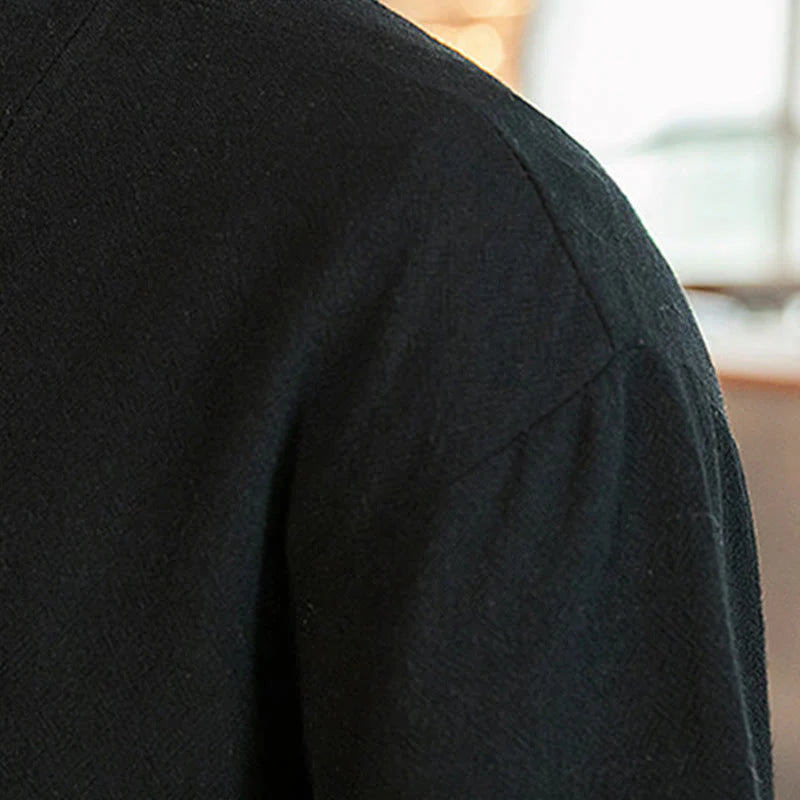 Buddha Stones Lace-Up Design Jacket Cotton Linen Men's Three Quarter Sleeve Kimono With Pockets