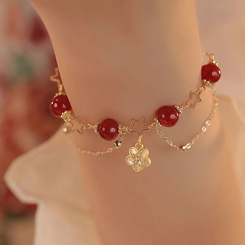 Buddha Stones 14k Gold Plated Red Agate Star Flower Charm Calm Bracelet