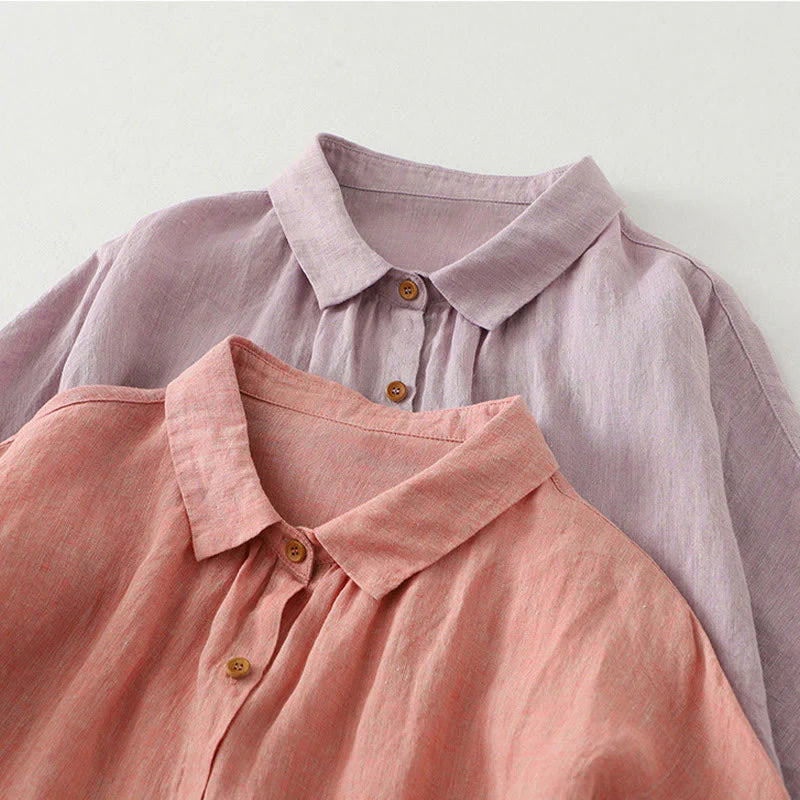 Buddha Stones Casual Plain Buttons Women's Cotton Linen Half Sleeve Shirt