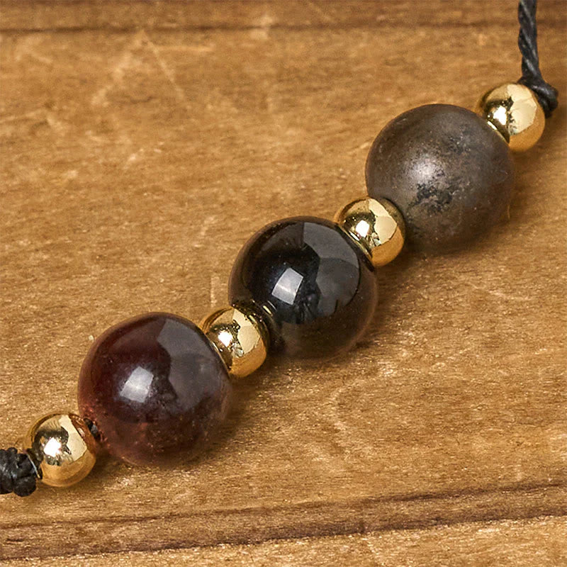 Buddha Stones Tiger Eye Black Tourmaline Pyrite Protection Card Rope Bracelet