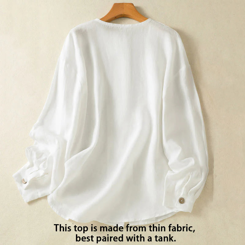 Buddha Stones Spring Plain Buttons Design V-Neck Long Sleeve Women's Cotton Linen Shirt