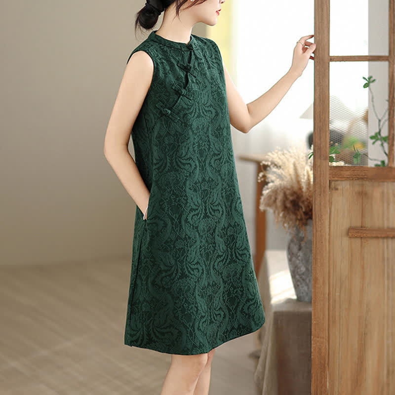 Buddha Stones Mandarin Collar Frog-button Jacquard Pattern Sleeveless Cotton Mini Dress With Pockets
