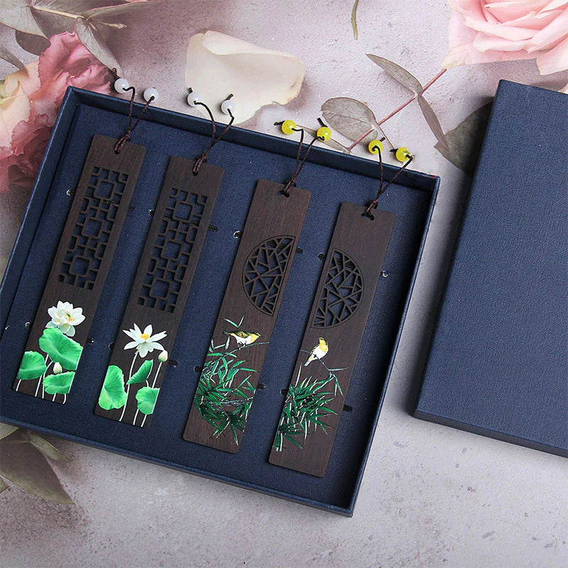 Buddha Stones Green Lotus Bamboo Oriole Ebony Wood Bookmarks With Gift Box (Extra 35% Off | USE CODE: FS35)