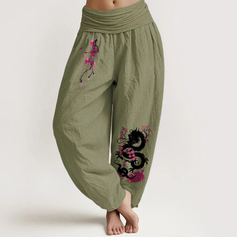 Buddha Stones Dragon Cherry Blossoms Pattern Women's Elastic Waist Harem Cotton Pants